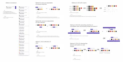 Different UI patterns communicating that certain colors are not available for certain memory capacity options