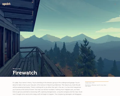 Screenshot of upper portion of the article about Firewatch on large viewport. Two-column layout, wide crop of cover image