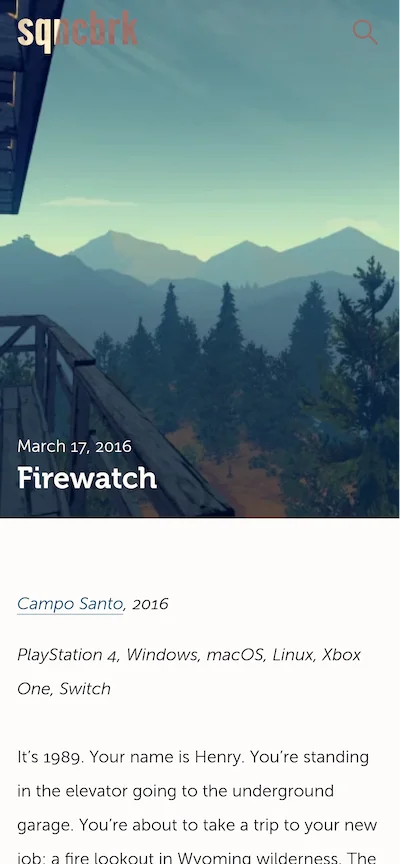 Screenshot of upper portion of the article about Firewatch on mobile viewport. Single-column layout, narrow crop of cover image