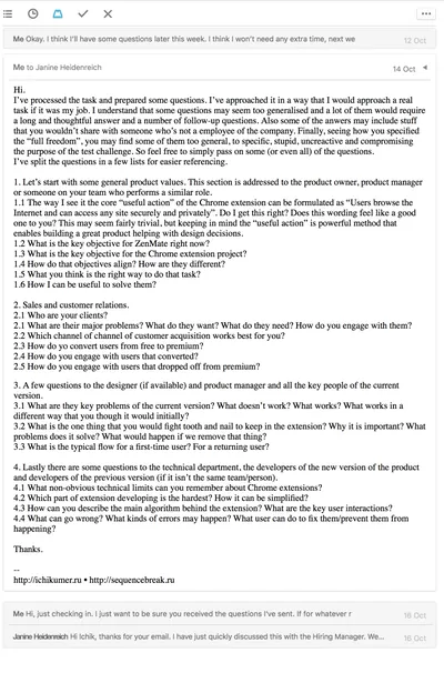 A list of questions clarifying the brief in email exchange