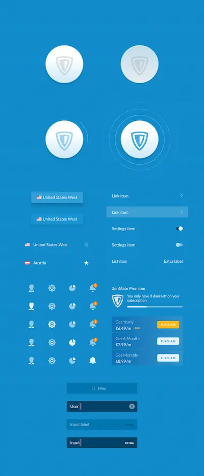 Components, buttons, lists, icons, main app circular button with a shield symbol in it