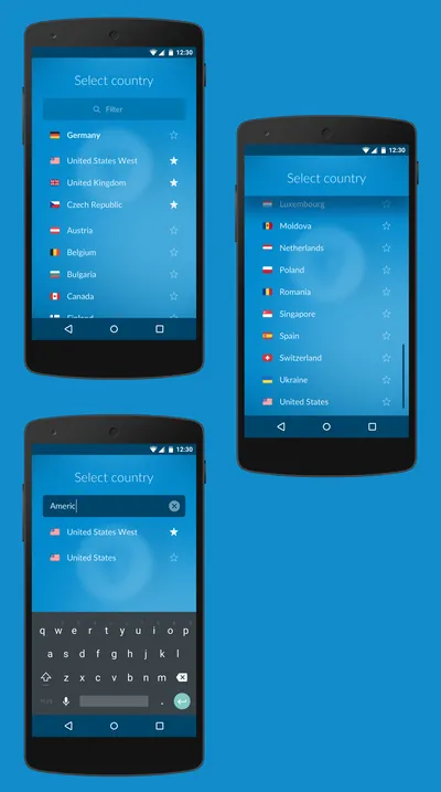 Country selection screen with the list of countries, search field and a sticky header section